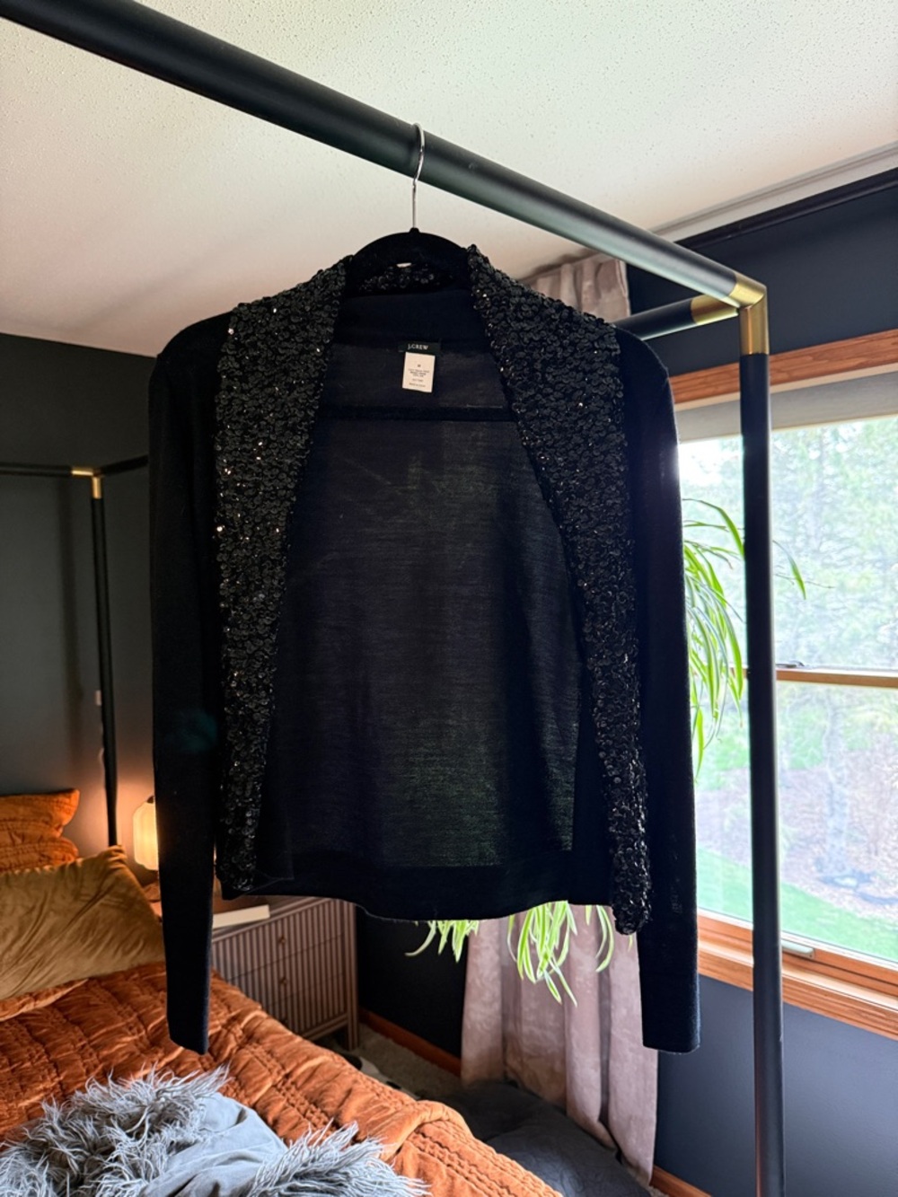 Vintage J. Crew Black Open-Front Cardigan with Sequin Trim. Merino wool and silk